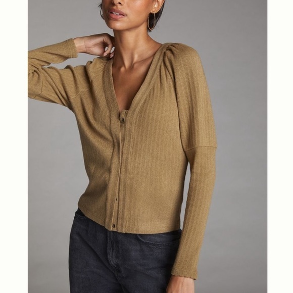 Anthropologie NEW Puff Sleeve Neutral Olive Green Lightweight Cardigan Sweater - Picture 1 of 15